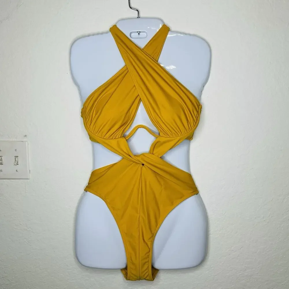 Andrea Iyamah Nayo One Piece Swimsuit yellow Halter Cut Out Spring Break Medium